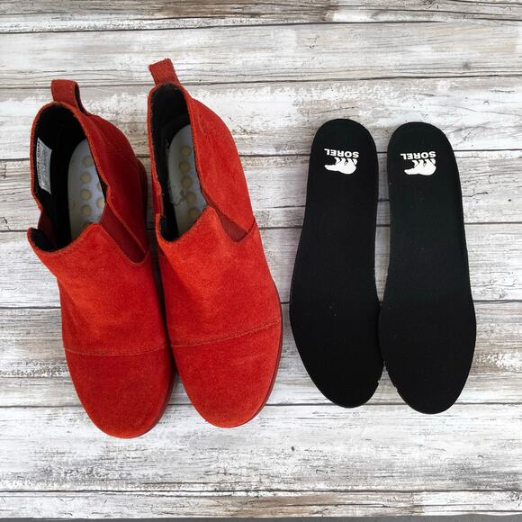 Sorel Boots Evie Pull On Bootie Sz 7.5 Orange Suede Waterproof Wedge Casual - Picture 9 of 10